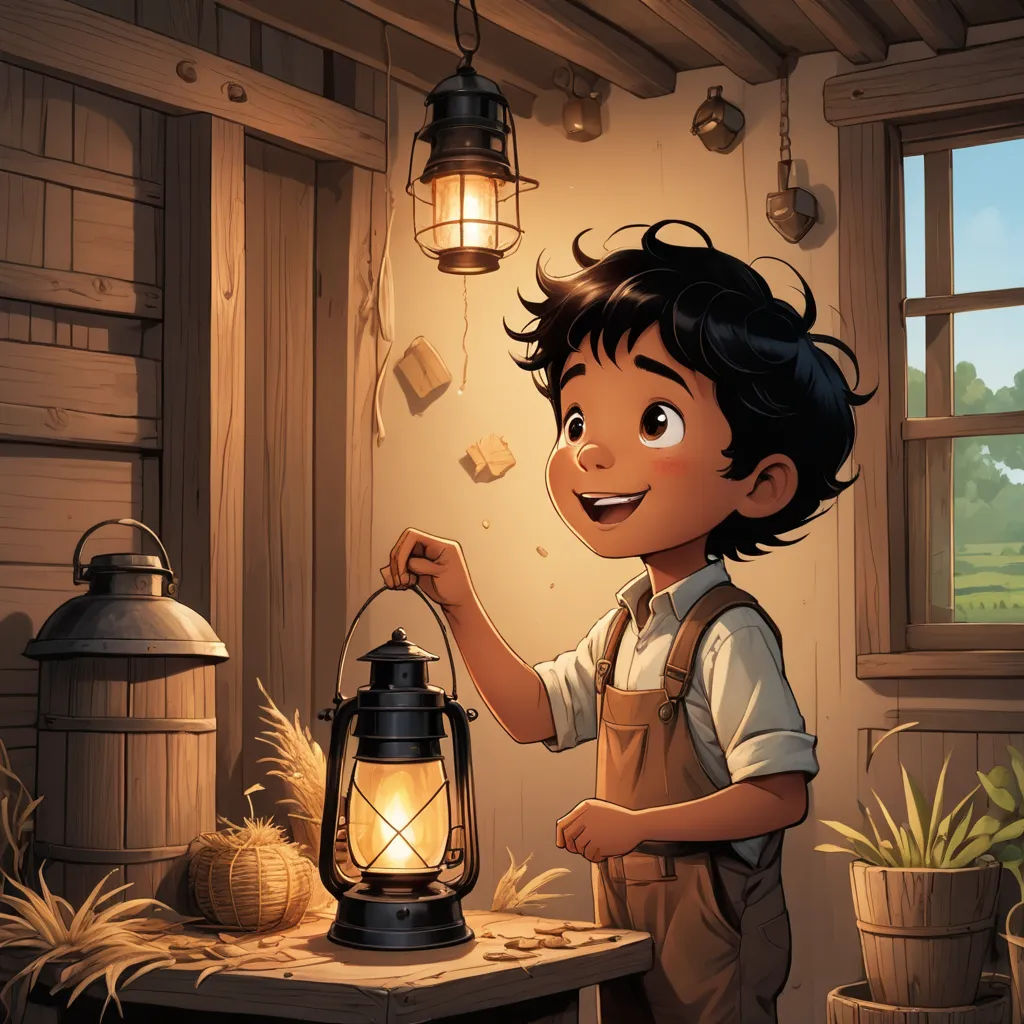 a boy holding a lantern in a room with a window and a table with a plant on it and a potted plant in front of it, fantasy art, a storybook illustration, Aaron Jasinski, storybook illustration