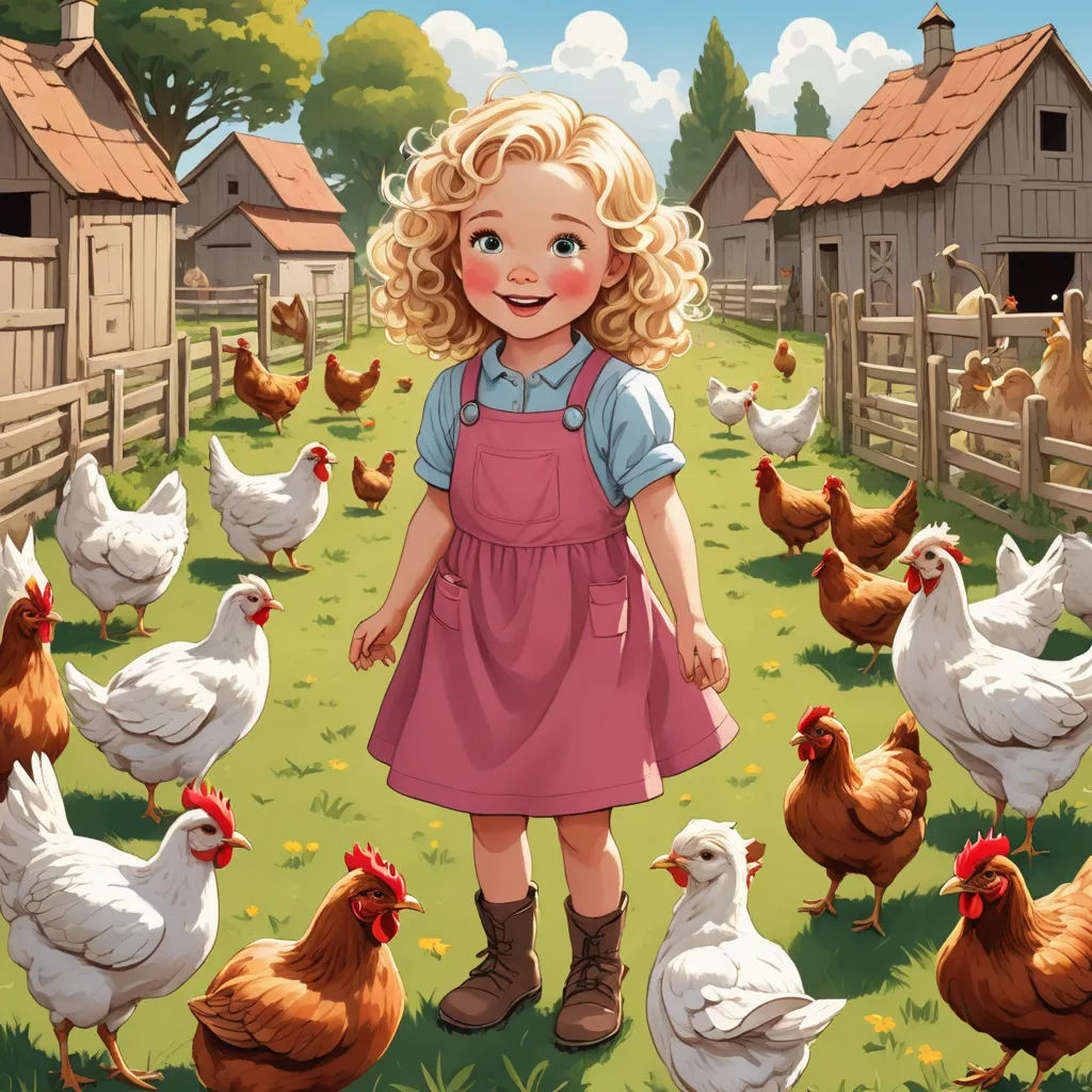 a little girl standing in a field with chickens and chickens behind her is a barn and a fence with a few chickens, lyco art, a storybook illustration, Bob Byerley, storybook illustration
