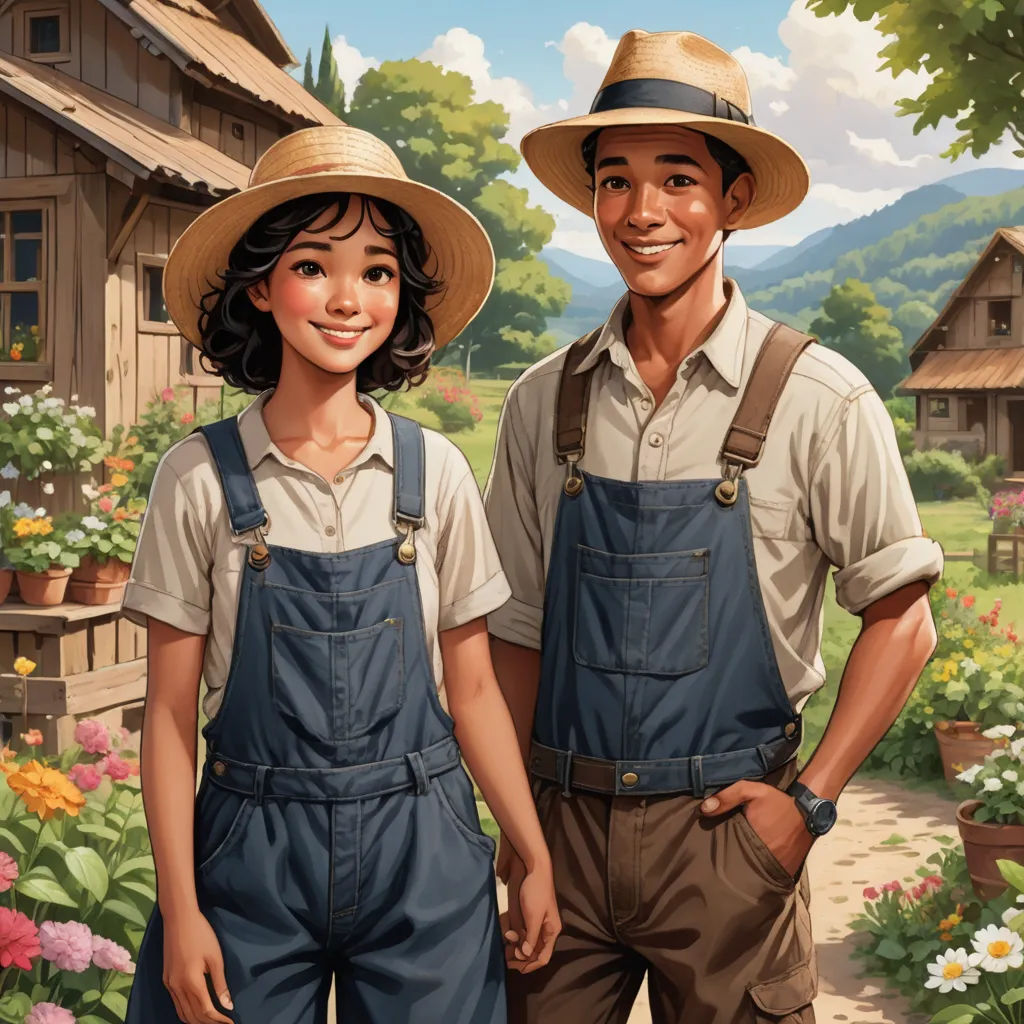 a painting of a man and a woman standing in front of a garden with flowers and a house in the background, american scene painting, a storybook illustration, F Scott Hess, official art