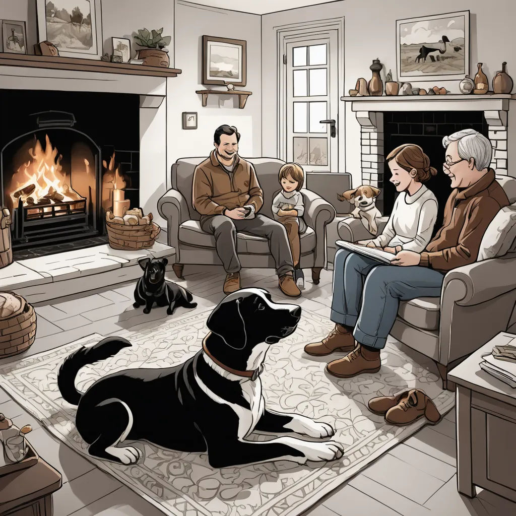 a family sitting in a living room with a dog and a cat on the floor next to a fireplace, american scene painting, a storybook illustration, F Scott Hess, official art