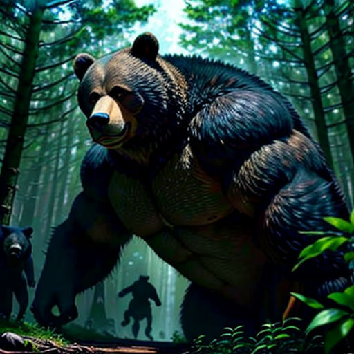 a large bear and two smaller bears in the woods with trees and grass in the background, with a man walking behind it