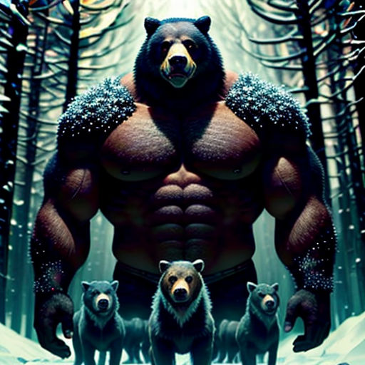 a man with a bear on his chest and three bears in the background of a forest with snow and trees