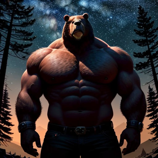 a man with a bear like head and a bear like body standing in front of a forest with stars
