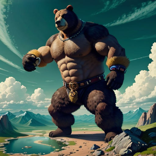 a bear with a chain around its neck and a beer in his hand, standing on a rocky area