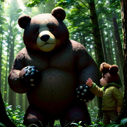 a boy and a bear in a forest with trees and grass and sunlight shining through the trees and leaves