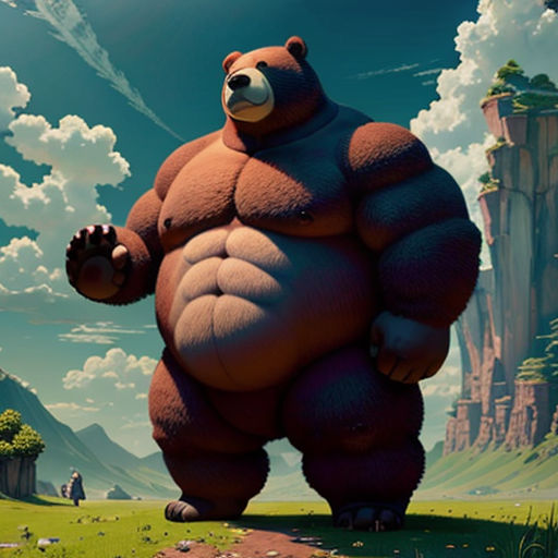 a large bear standing in a field with a sky background and clouds in the background, with a person standing on a hill