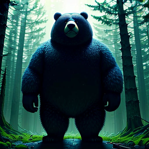 a large bear standing in the middle of a forest with a bright light shining on it's face