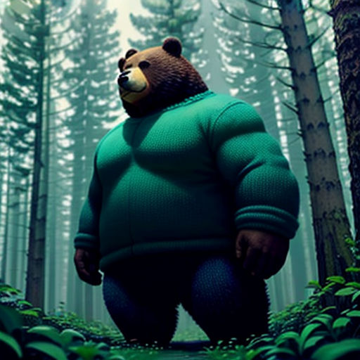 a large bear in a green sweater walking through a forest with tall trees and bushes on both sides of the bear