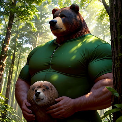 a man in a green shirt holding a bear in a forest with trees and bushes behind him, with a bear in his arms