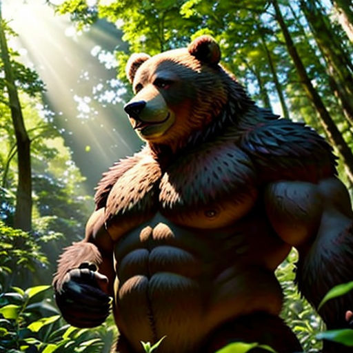 a large bear standing in the middle of a forest with sun shining through the trees and leaves on the ground