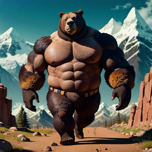 a cartoon bear is walking on a dirt road in front of mountains and rocks, with a mountain range in the background