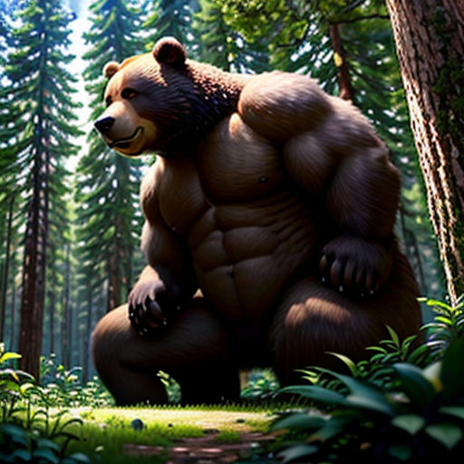 a large bear standing in the middle of a forest next to a tree trunk and a forest floor with lots of trees