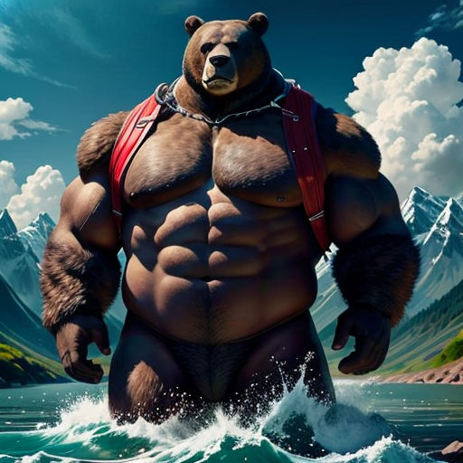 a large bear standing in the water with a harness on his chest and a red harness on his chest