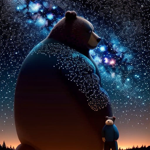 a bear and a bear cub are standing in front of a night sky with stars and a star filled sky