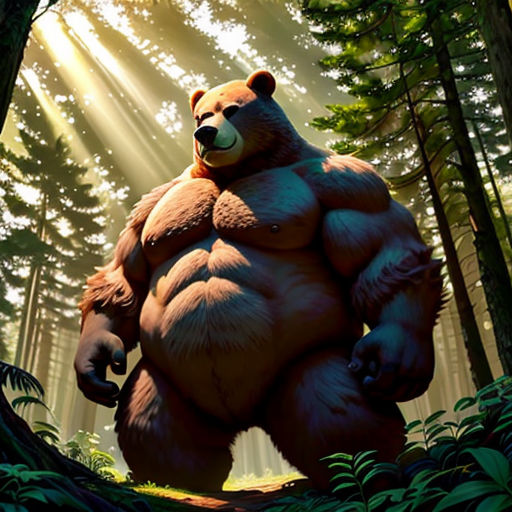 a large bear standing in the middle of a forest with sunbeams behind it and a bear in the middle of the forest