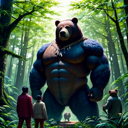 a poster of a giant bear standing in the middle of a forest with two men looking at it and a dog standing in the foreground