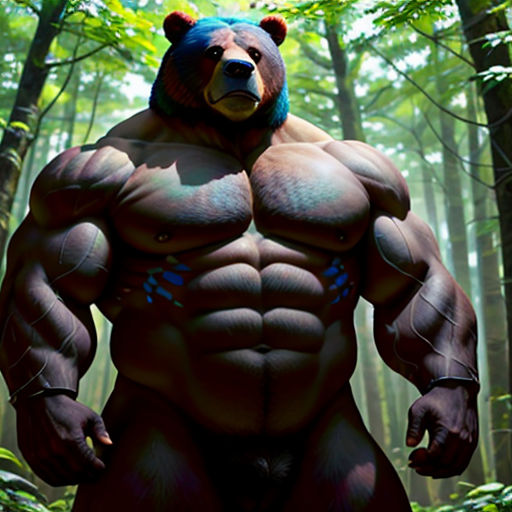 a man in a bear costume standing in the woods with his arms out and his chest exposed, with a bear on his chest