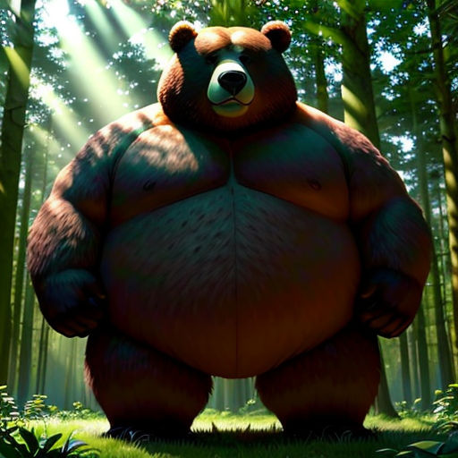 a large bear standing in the middle of a forest with a bright light coming from behind it and a forest background