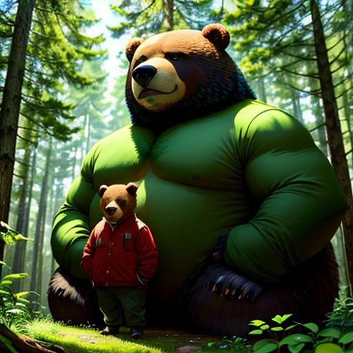 a giant bear and a small bear standing in the woods together in front of a giant bear statue in the woods