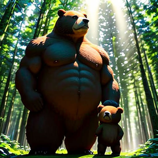 a large bear and a small bear standing in the woods with sunlight streaming through the trees behind them,