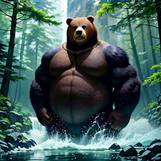 a bear standing in a river surrounded by trees and rocks, with a chain around his neck and a bear's head on his chest
