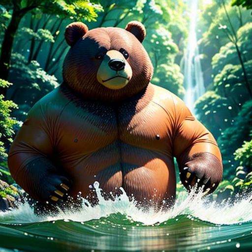 a large bear standing in the middle of a river in a forest with a waterfall behind it and a waterfall in the background