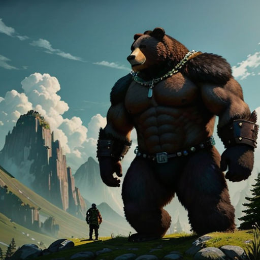 a big bear standing on top of a lush green field next to a forest and a mountain range with a man standing on a hill