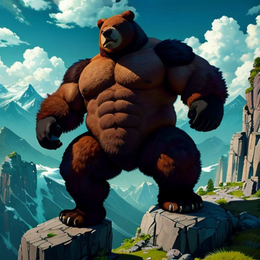 a big brown bear standing on top of a rock formation in a mountain landscape with a sky background and clouds