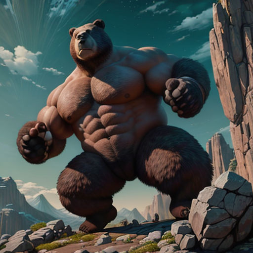 a large bear standing on top of a rocky hillside next to a mountain range with a sky background and clouds