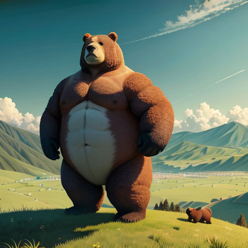 a large bear standing on top of a lush green field next to a forest and mountains covered in clouds