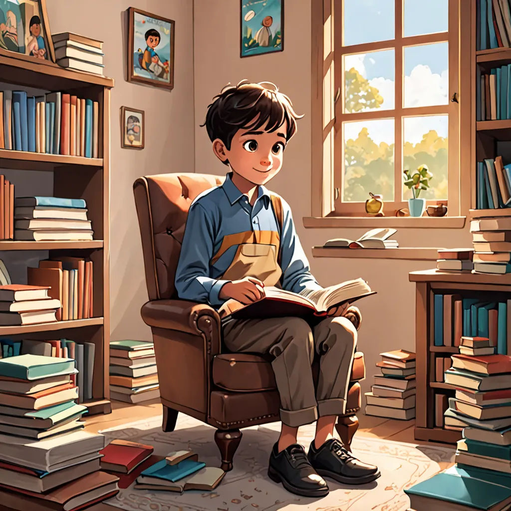 a boy sitting in a chair in front of a book shelf filled with books and a bookcase full of books, art & language, a storybook illustration, Aaron Jasinski, storybook illustration