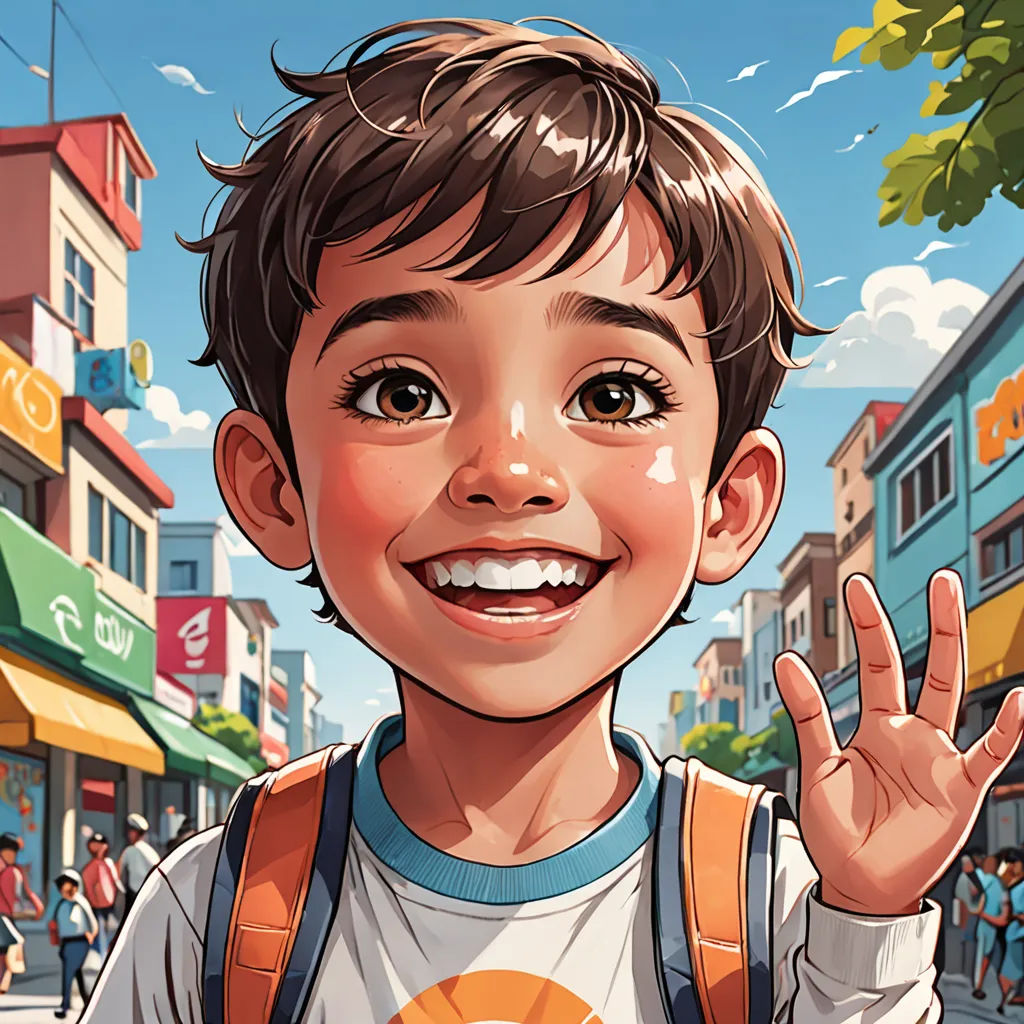 a boy with a backpack and a peace sign in front of him on a city street with people walking around, photorealism, a storybook illustration, Alejandro Burdisio, rossdraws global illumination