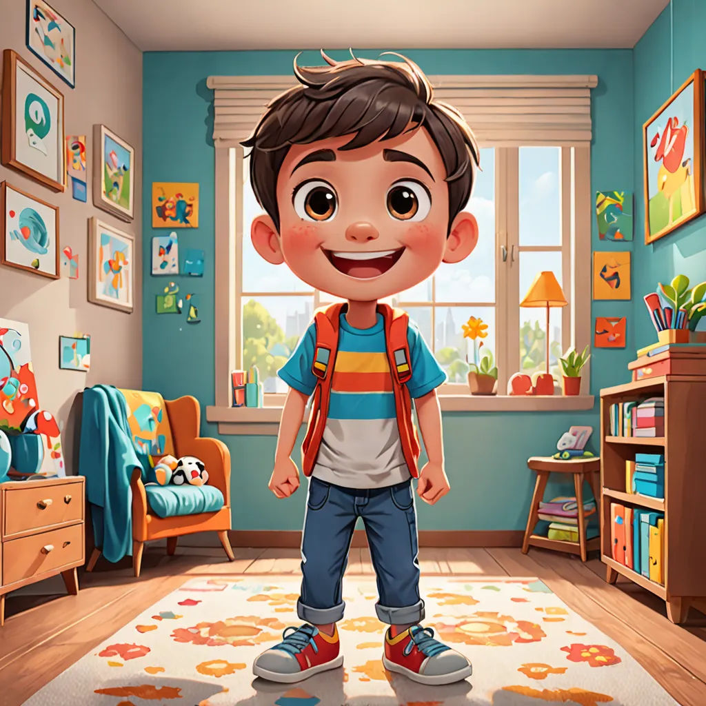 a boy in a room with a rug and a window with a picture of himself on it and a teddy bear, photorealism, a character portrait, Chris LaBrooy, rossdraws global illumination