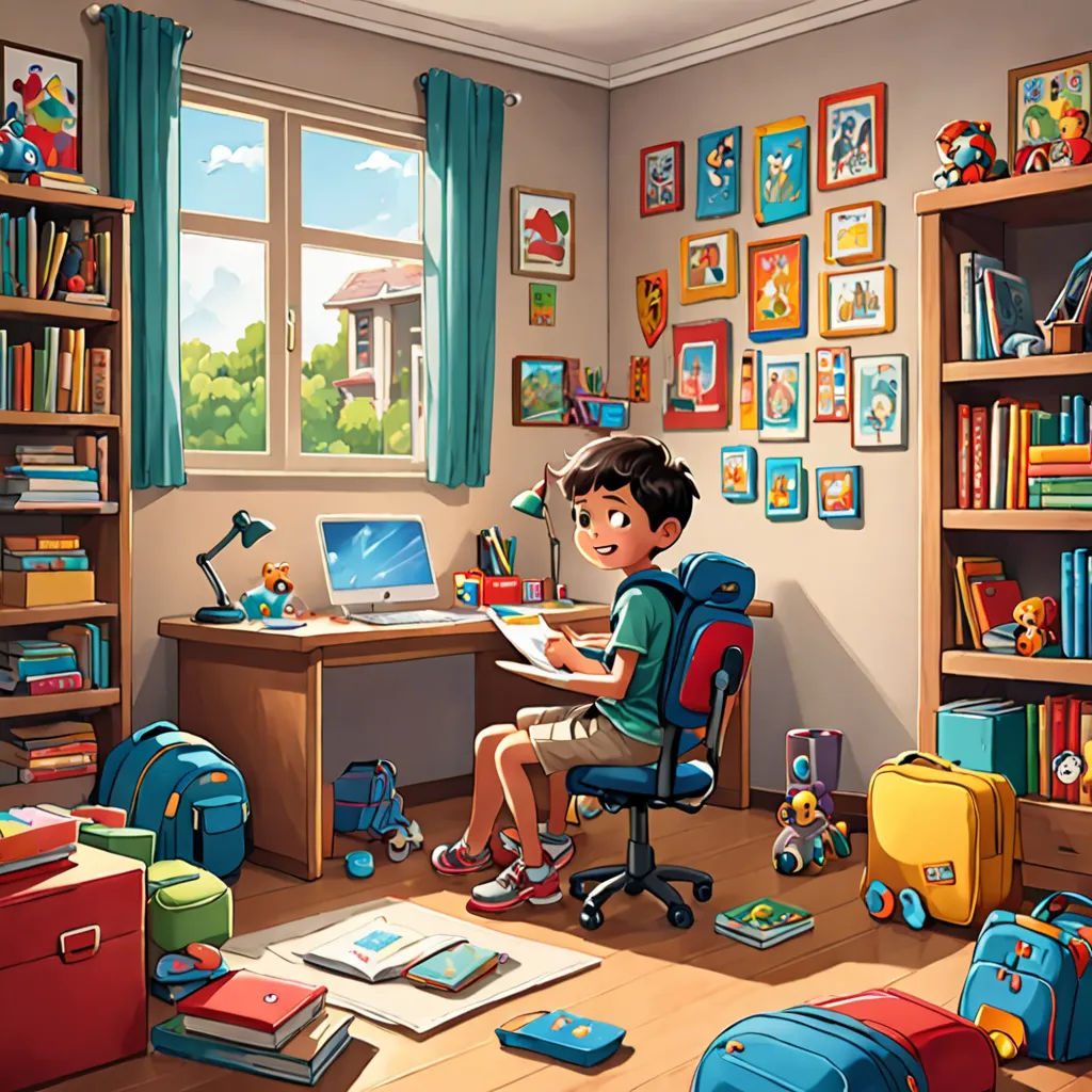 a boy is sitting at a desk in a room with a lot of toys and books on the shelves, photorealism, a storybook illustration, Chris LaBrooy, art station