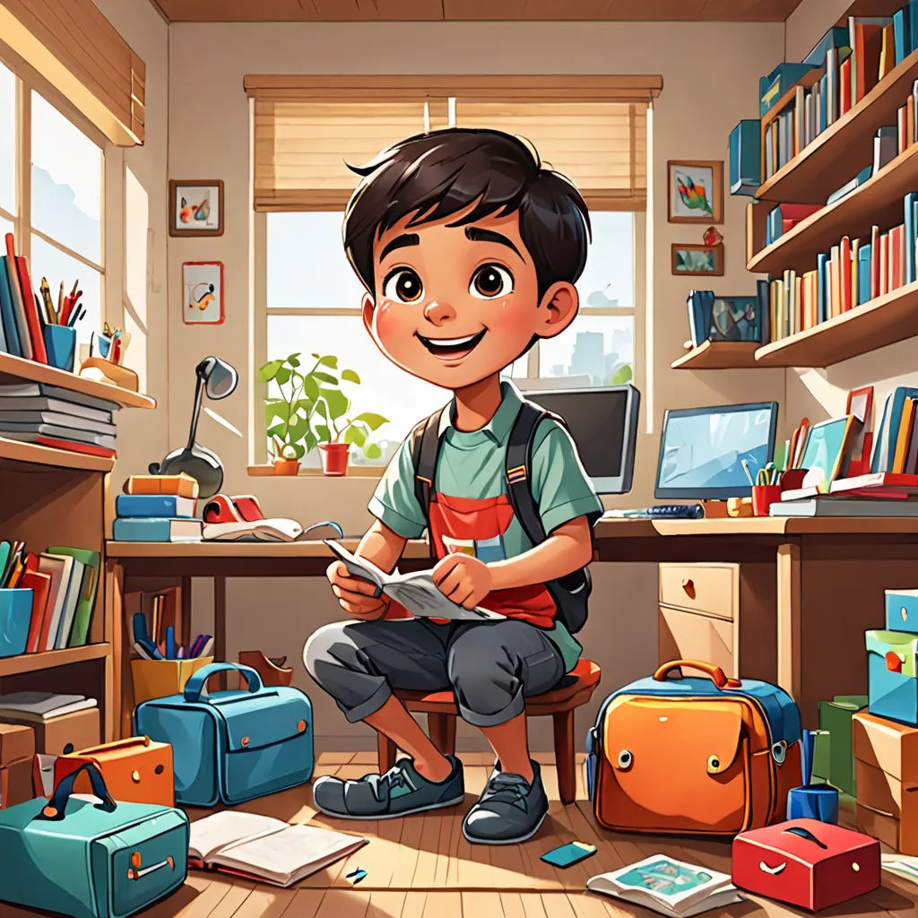 a boy sitting in a room with a book and a bag on the floor and a computer on the desk, bengal school of art, a storybook illustration, Diego Gisbert Llorens, storybook illustration