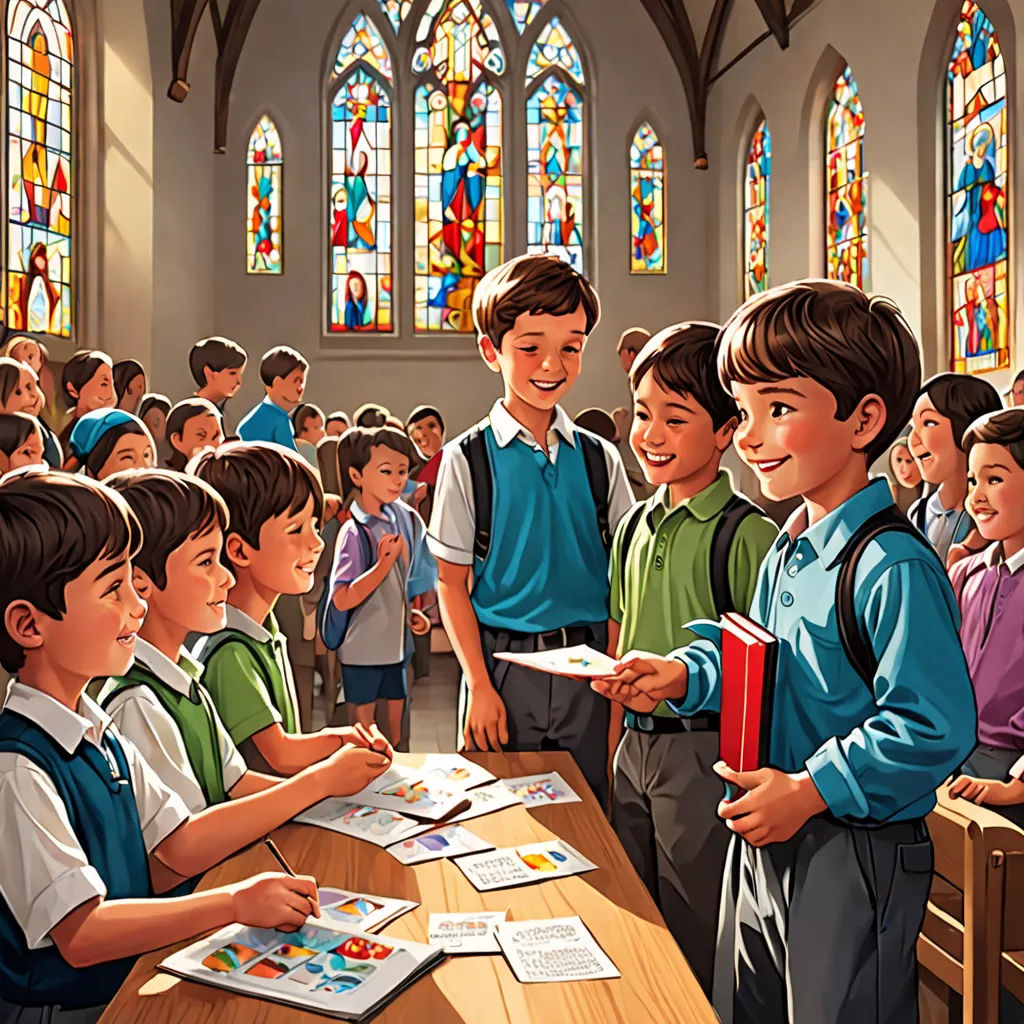 a painting of a group of children standing in front of a table with a book on it and a priest standing behind them, american scene painting, a storybook illustration, Brothers Hildebrandt, official art