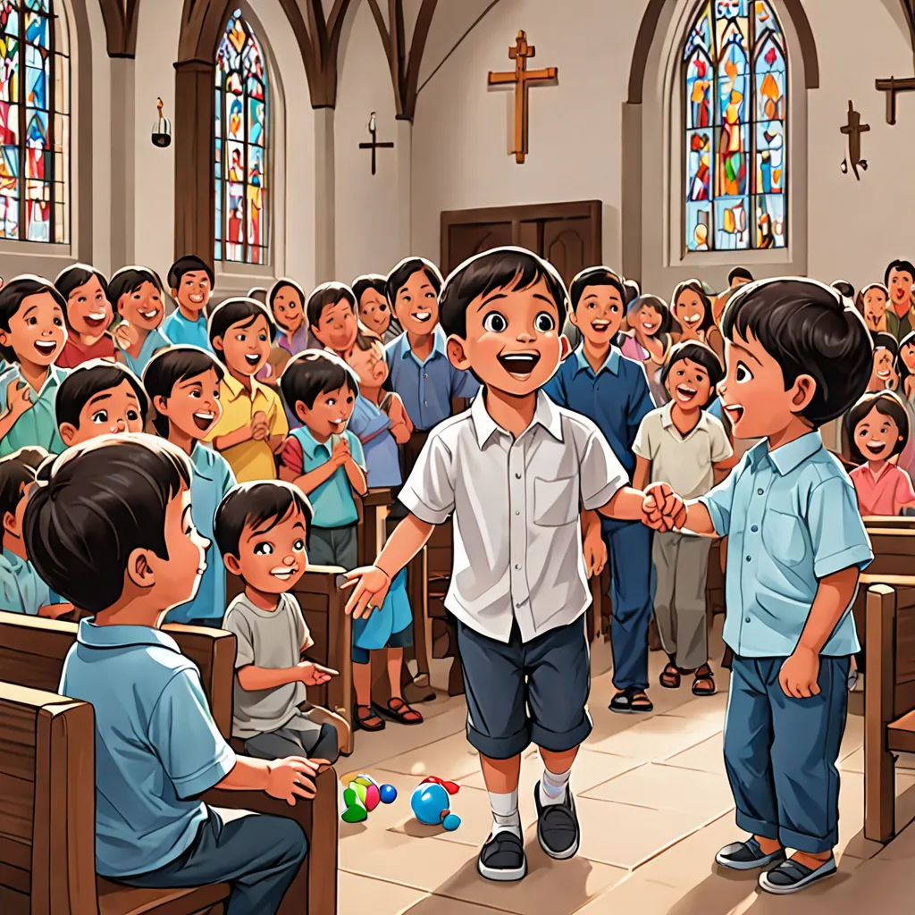 a boy shaking hands with a boy in a church with a crowd of people behind him, all dressed in blue, vancouver school, a storybook illustration, Fernando Amorsolo, official art