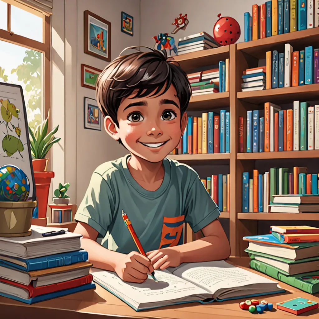 a boy is sitting at a desk with a book and a pencil in his hand and a bookcase full of books behind him, photorealism, a storybook illustration, Diego Gisbert Llorens, rossdraws global illumination