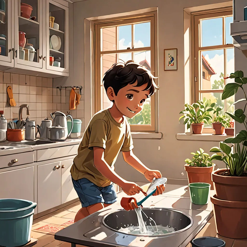 a boy washing his hands in a kitchen sink with a green plant in the corner of the room behind him, photorealism, a storybook illustration, Diego Gisbert Llorens, rossdraws global illumination