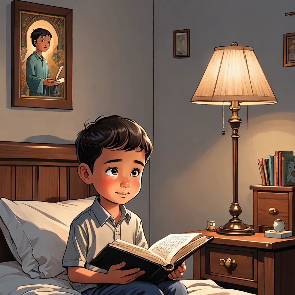a boy sitting on a bed reading a book in a bedroom with a lamp on the side table and a picture of a boy in the background, art & language, a storybook illustration, Diego Gisbert Llorens, storybook illustration