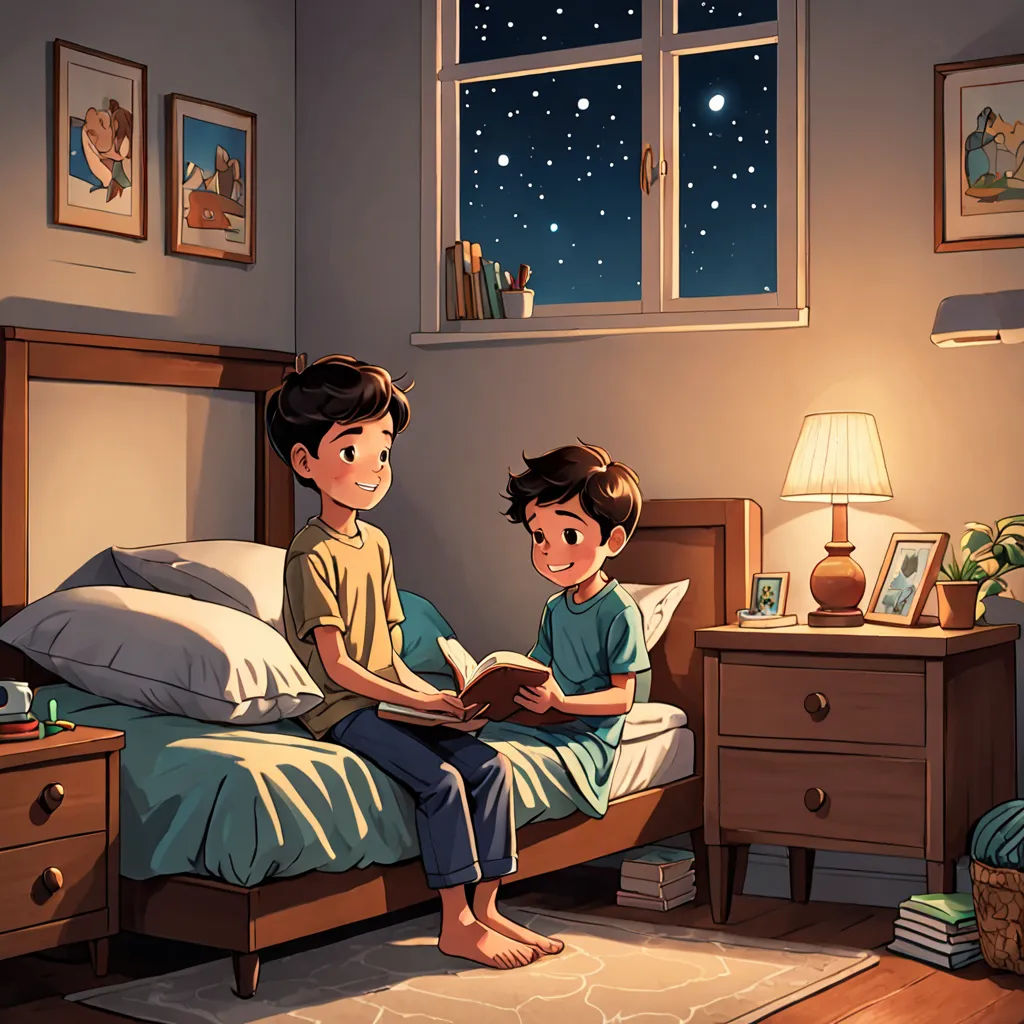 a boy and a boy reading a book in a bedroom at night time with the stars shining on the ceiling, space art, a storybook illustration, Diego Gisbert Llorens, storybook illustration