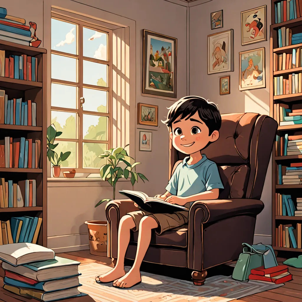 a boy sitting in a chair in a room with a bookcase and a window with a view of the outside, american scene painting, a storybook illustration, Diego Gisbert Llorens, storybook illustration