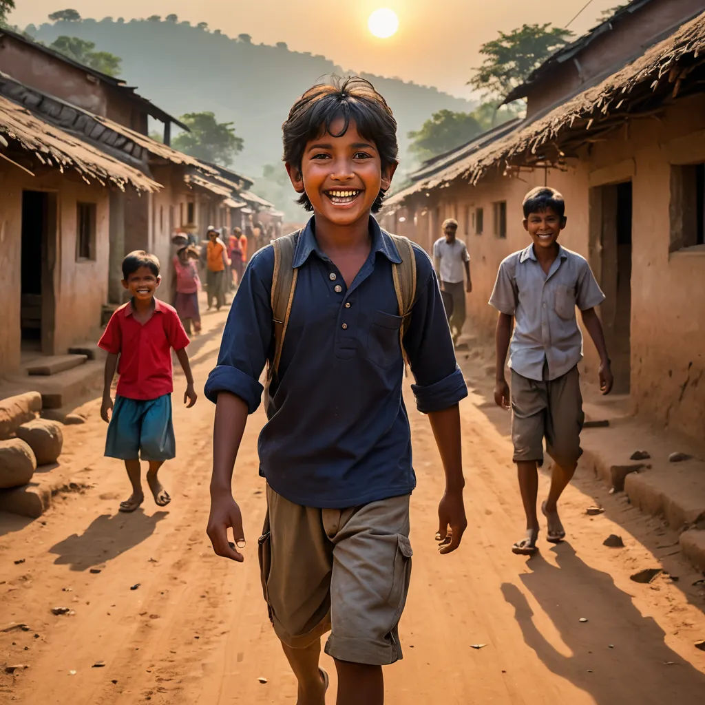 a boy walking down a dirt road with a backpack on his back and a group of children walking down the road, samikshavad, a microscopic photo, Daniel Lieske, award-winning photograph