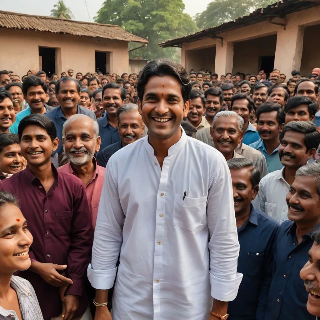 a man standing in front of a crowd of people in a village in india, smiling for the camera, samikshavad, a character portrait, Bholekar Srihari, jayison devadas