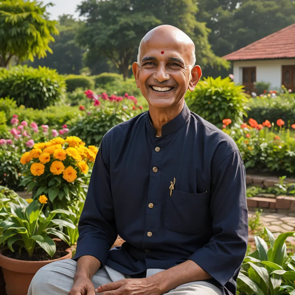 a man sitting in front of a garden filled with flowers and plants with a house in the background and a garden with flowers, samikshavad, a character portrait, Bholekar Srihari, jayison devadas
