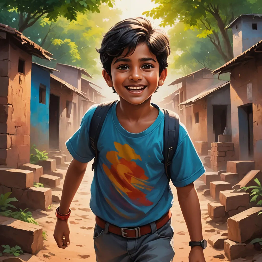 a boy with a backpack is walking through a village with a fireball on his shirt and a backpack, samikshavad, a detailed painting, Aaron Jasinski, jayison devadas