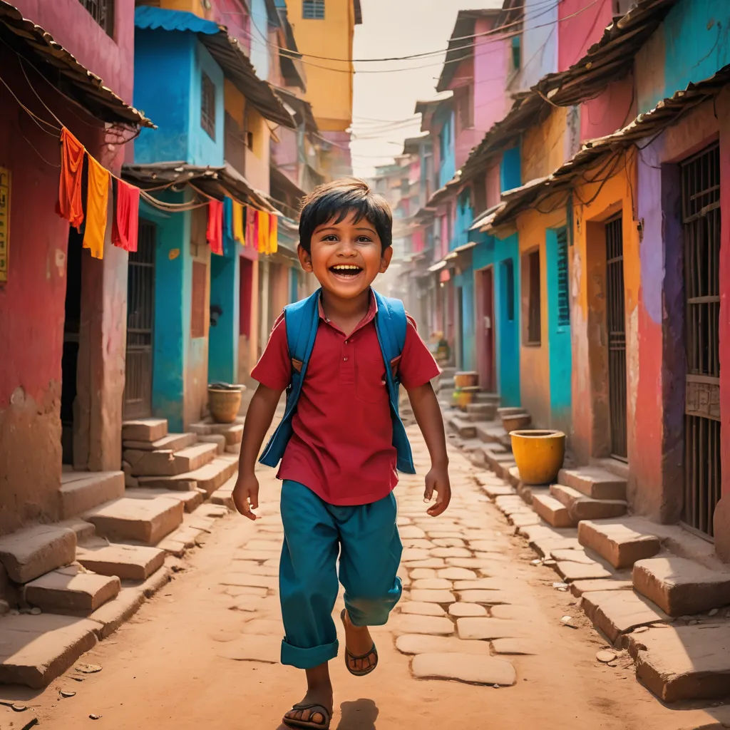a young boy is walking down a street in a village with colorful buildings and flags on the buildings and a yellow bucket, bengal school of art, a child's drawing, Daniel Lieske, award-winning photograph