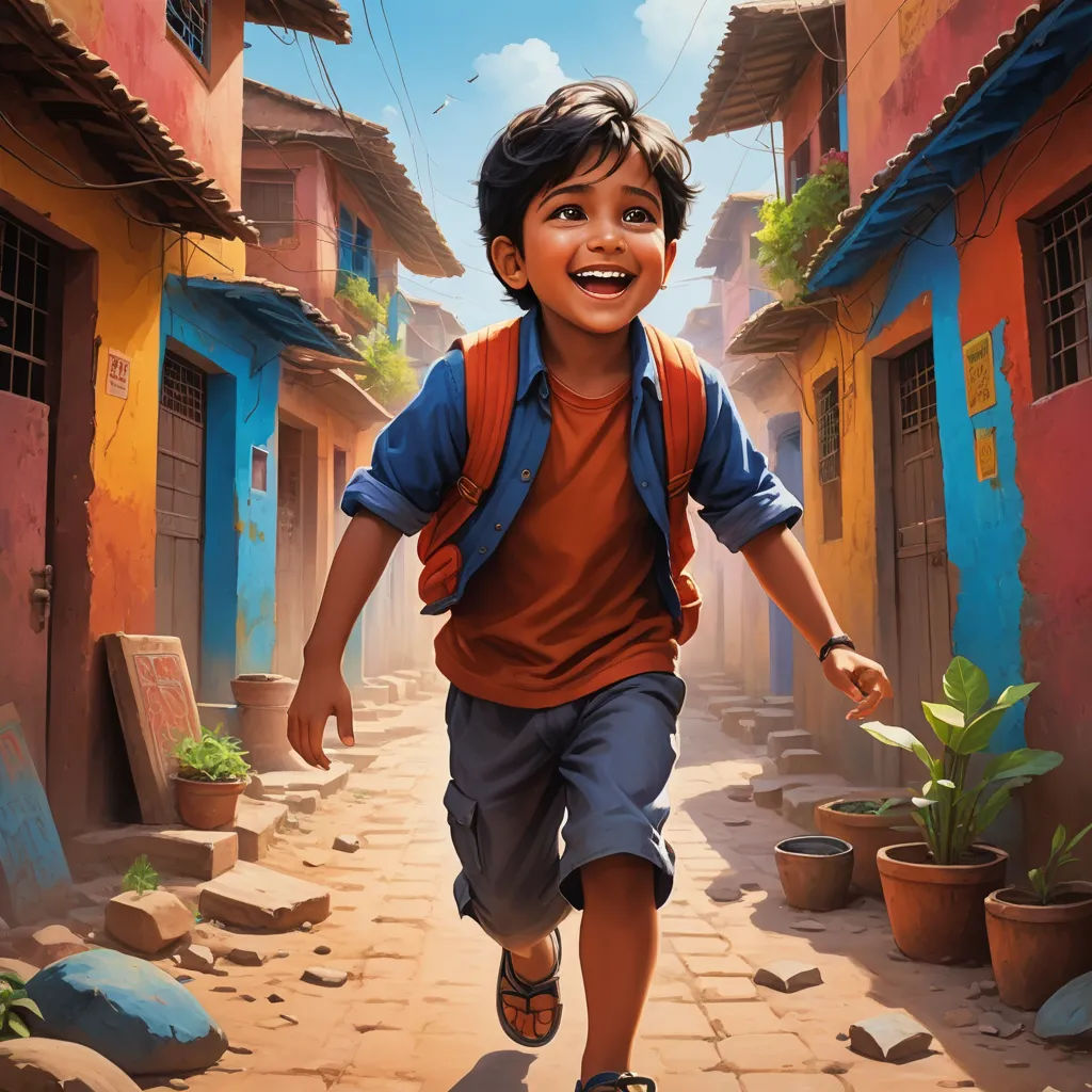 a boy is running down a street in a cartoon style with a backpack on his back and a potted plant in the background, samikshavad, poster art, Drew Struzan, official art