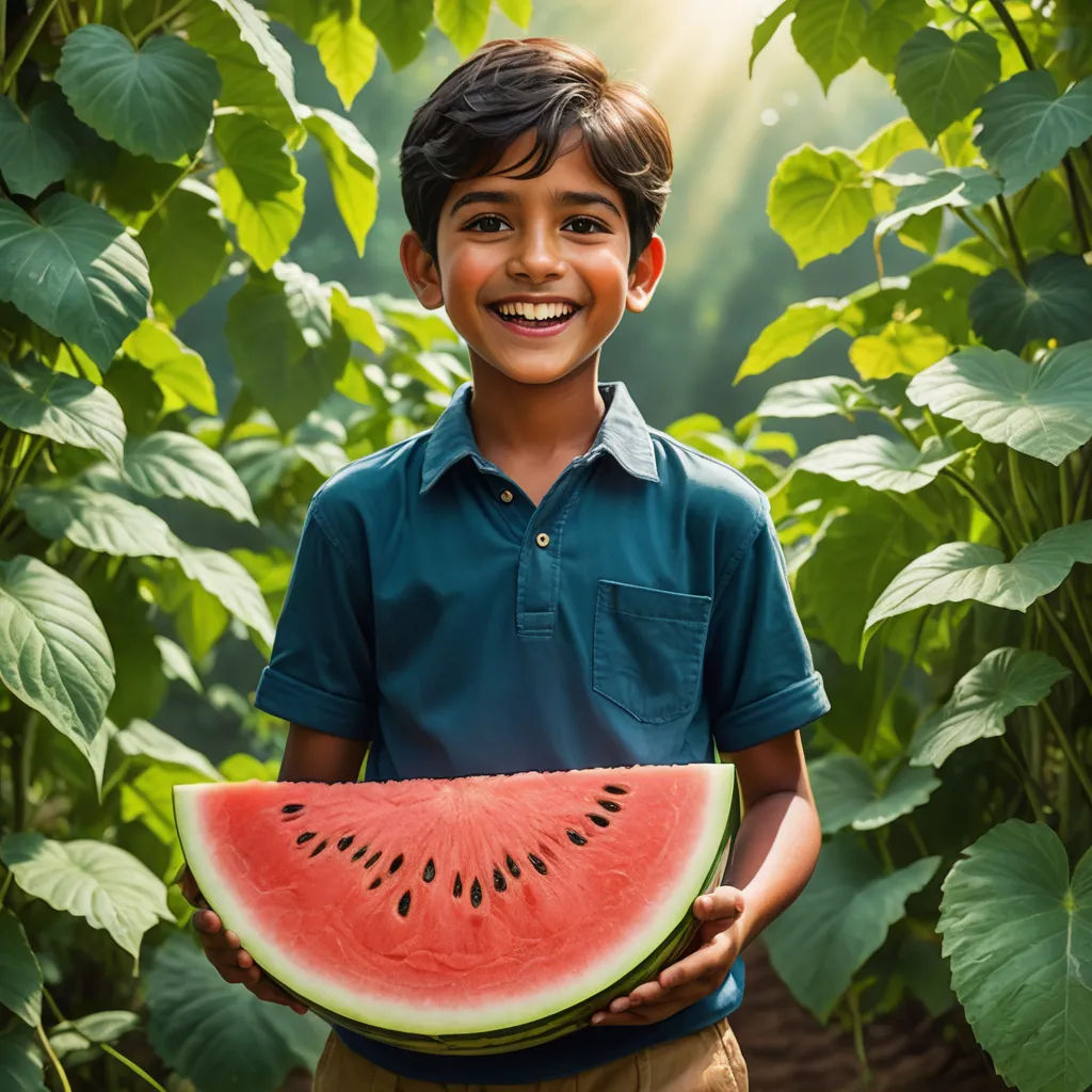 a young boy holding a piece of watermelon in front of a field of green leaves and smiling, neoplasticism, a stock photo, Anthony Devas, summer vibrancy