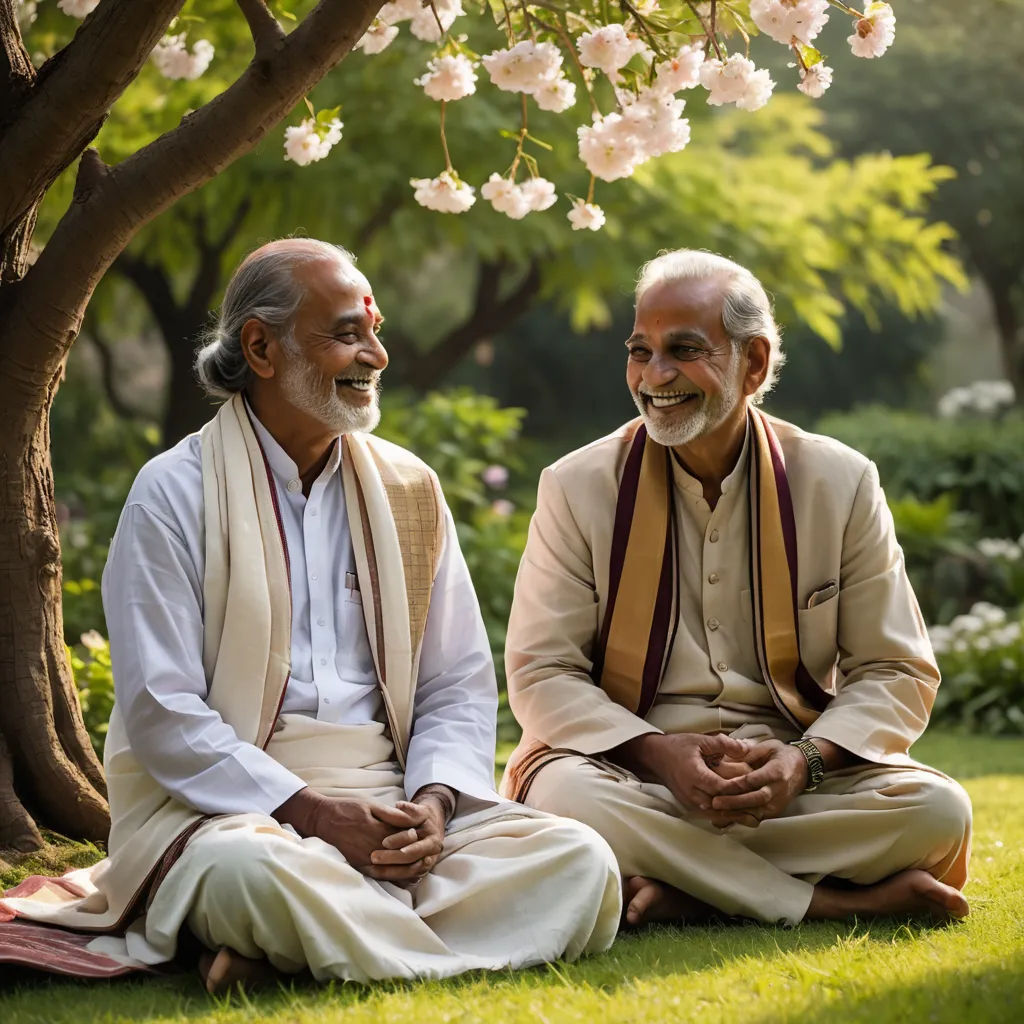 two men sitting on the grass under a tree smiling at each other with flowers in the background and a tree with white flowers, samikshavad, a stock photo, Bholekar Srihari, portrait photography